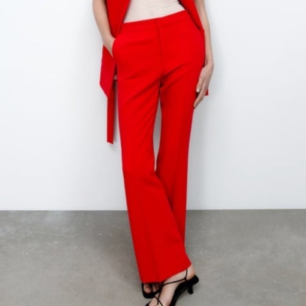 ZARA Womens Red High Waisted Straight Leg Dress Pants Trousers - Large